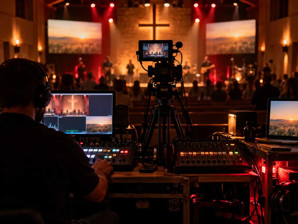 Livestream camera and mixer setup in an event hall