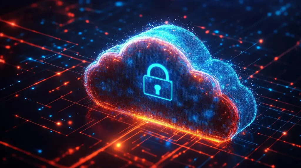 Cloud backup and data protection illustration with a padlock