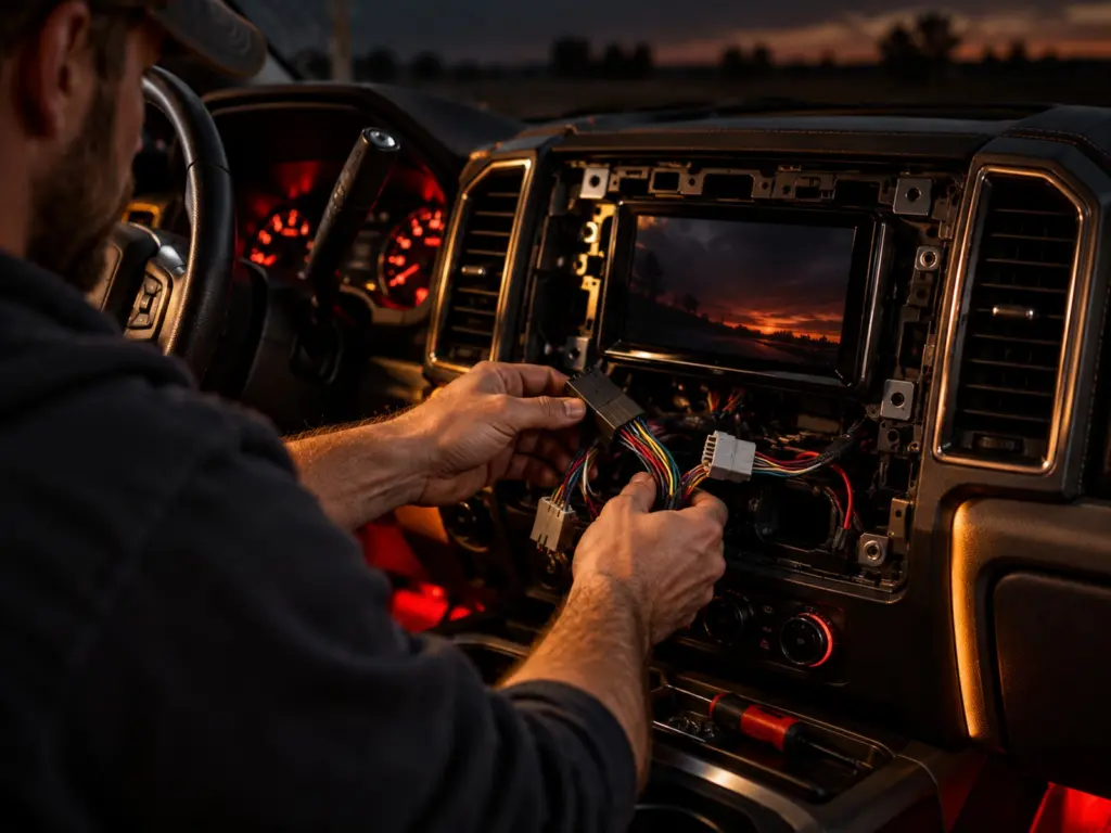 Installer wiring an aftermarket stereo in a pickup truck