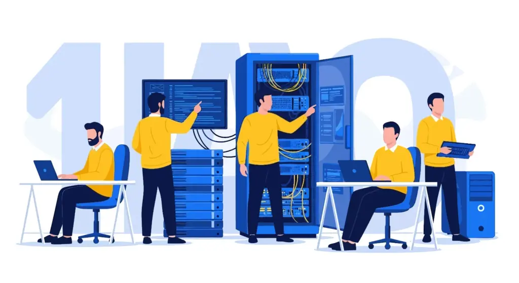 Illustration of IT technicians working on servers and computers