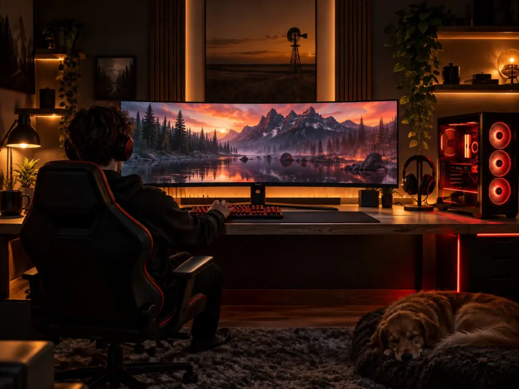Gaming desk setup with ultrawide monitor and custom PC