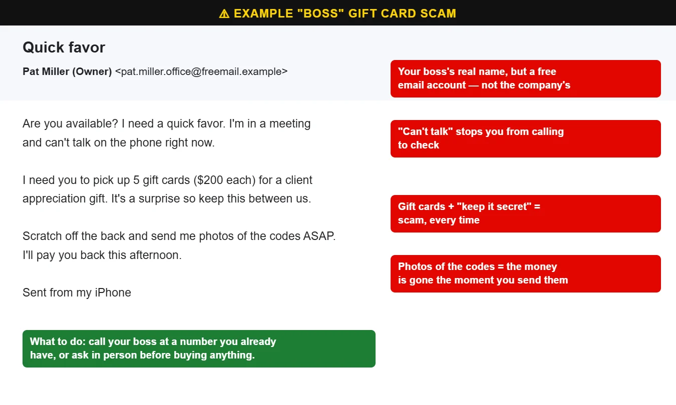 Example of a gift card scam email pretending to be from the boss