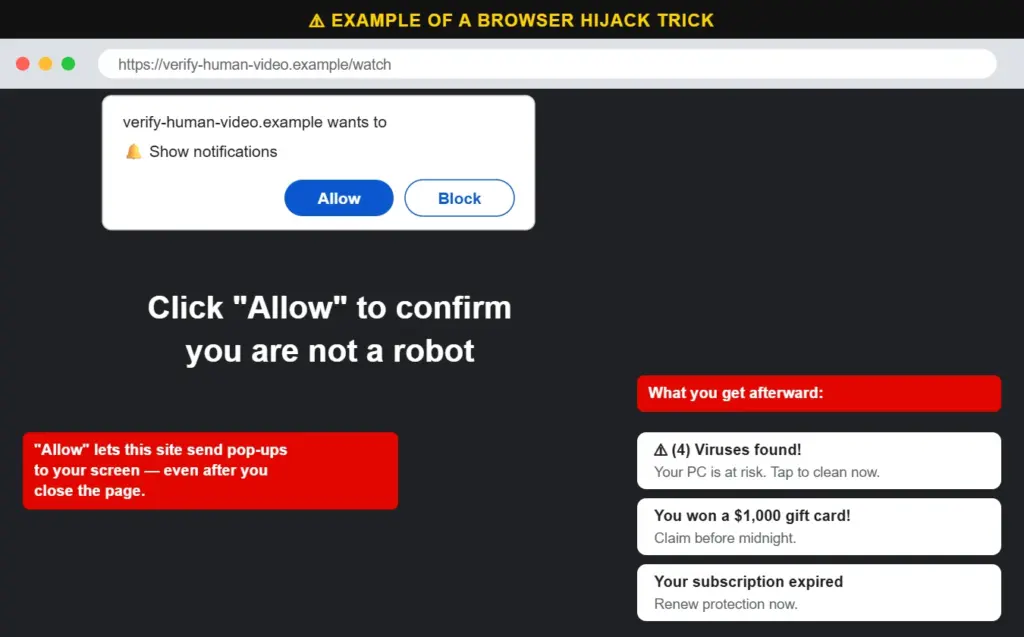 Example of a website tricking users into allowing browser notifications