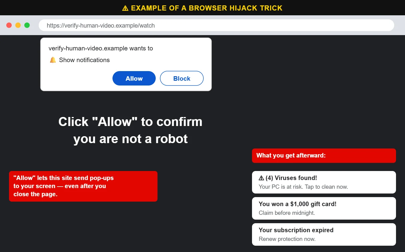 Example of a website tricking users into allowing browser notifications