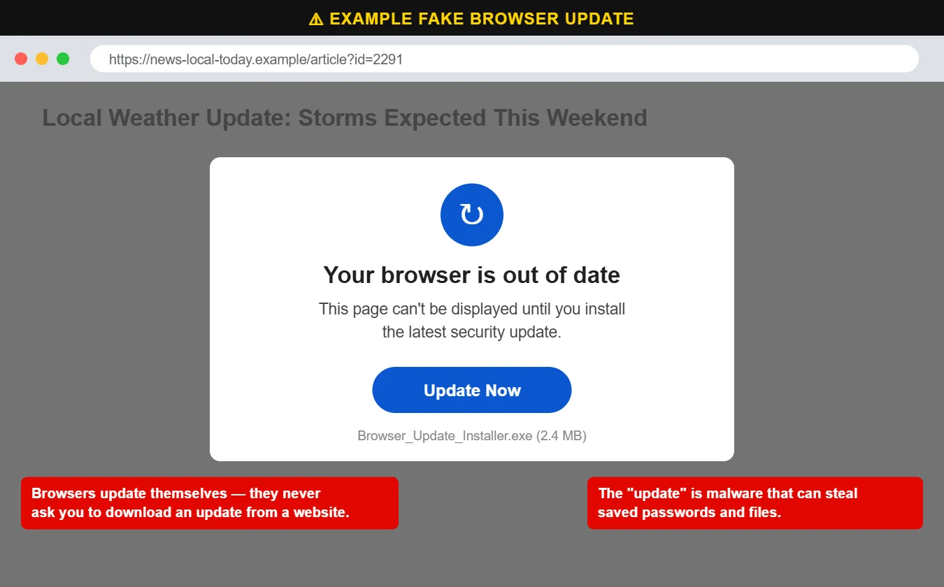 Example of a fake browser update pop-up on a website