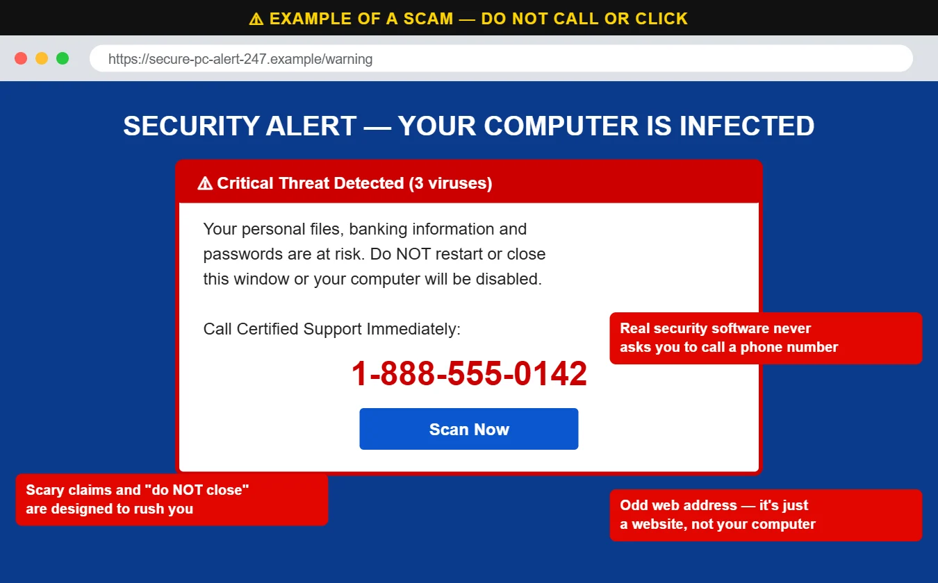 Example of a fake virus warning (scareware) pop-up with red flags marked