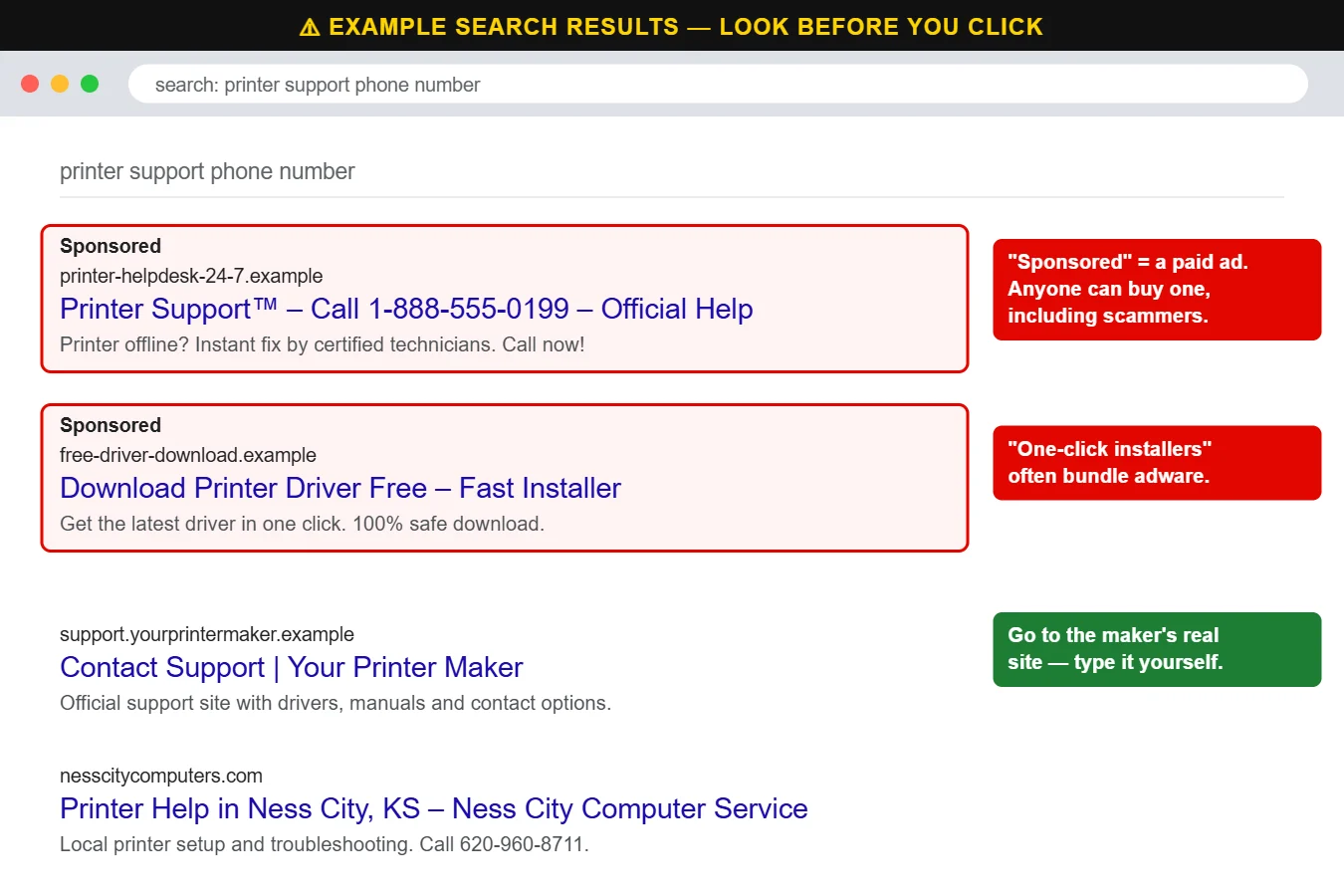 Example search results showing fake sponsored ads for support numbers and downloads