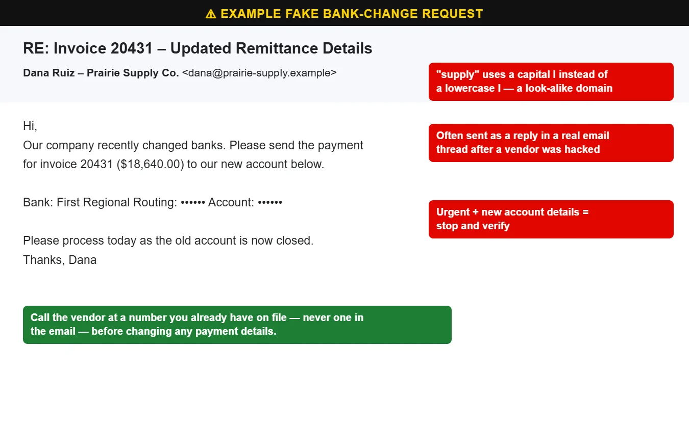 Example of a fake vendor bank account change email