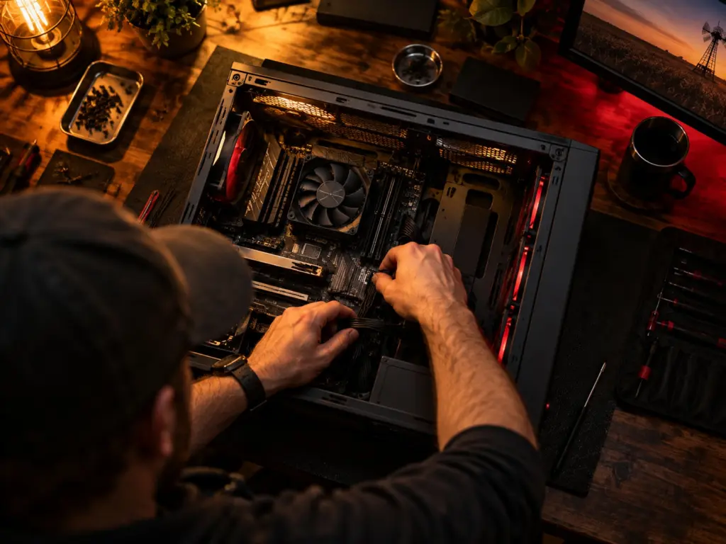 Technician working inside a desktop computer on a repair bench