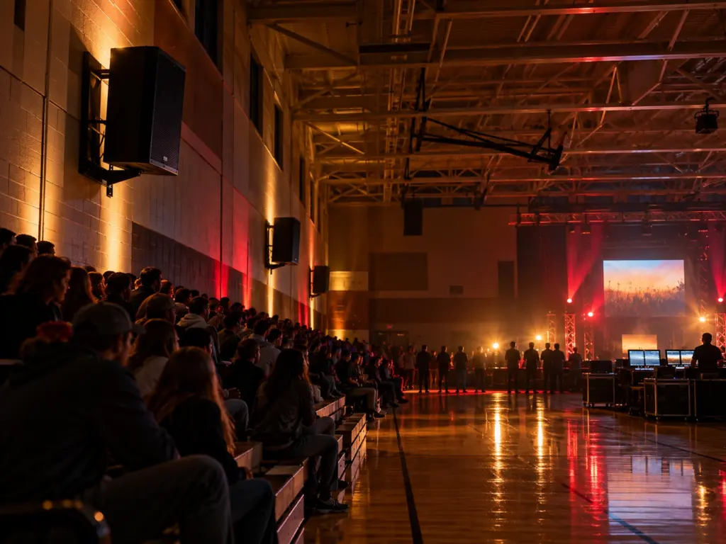 School gym with wall-mounted PA speakers
