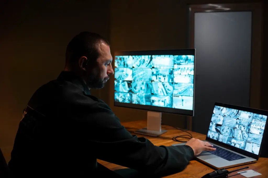 Monitor showing a grid of security camera views