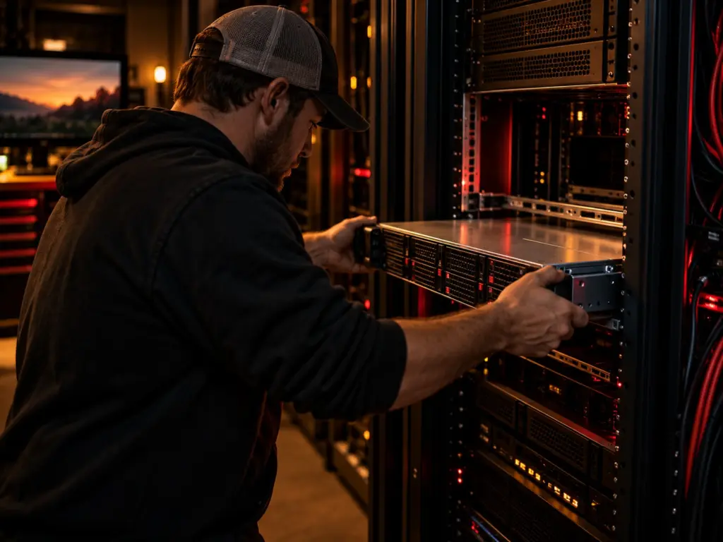 Technician installing a rack server