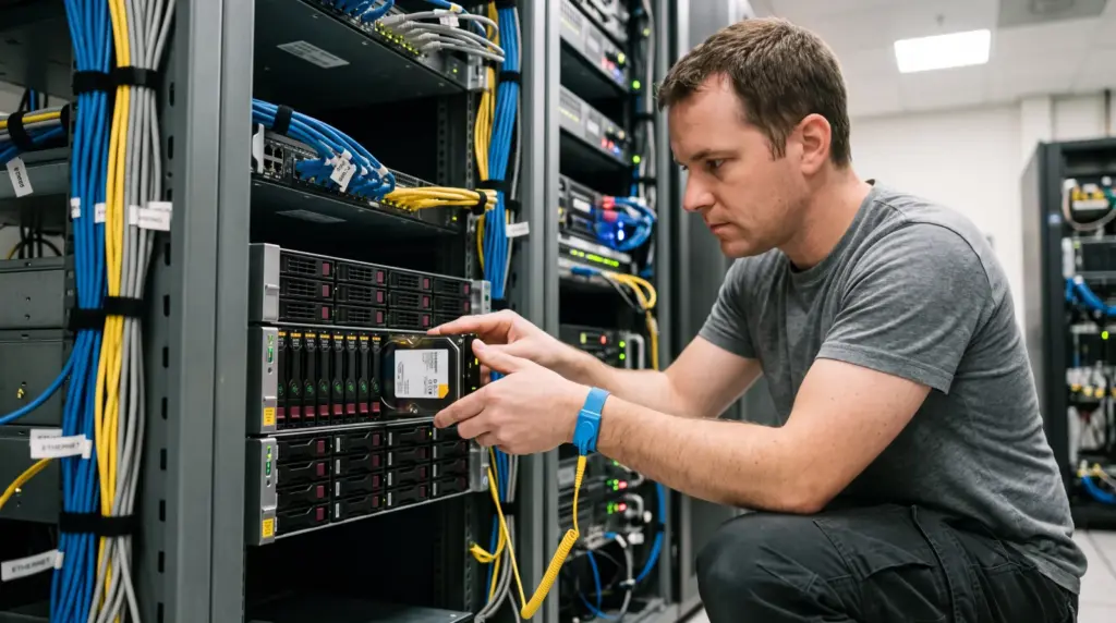 Technician installing a rack server