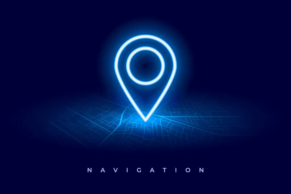 Glowing location pin over a digital map