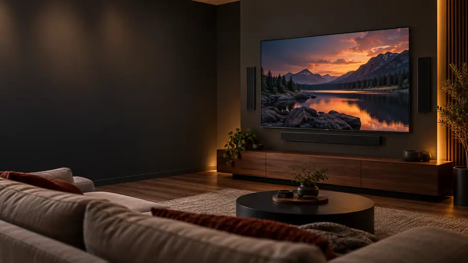 Wall-mounted TV with in-wall speakers and soundbar in a living room